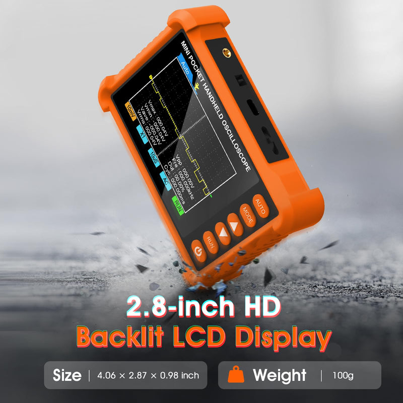 BTMETER Mini Handheld Digital Oscilloscope - 250 kHz Bandwidth, 2.5 MSa/s Sampling, 2.8" LCD, AUTO/Normal/Single Trigger, ±40 V Input (X1), Portable Pocket Scope for Electronics Repair & Education Orange