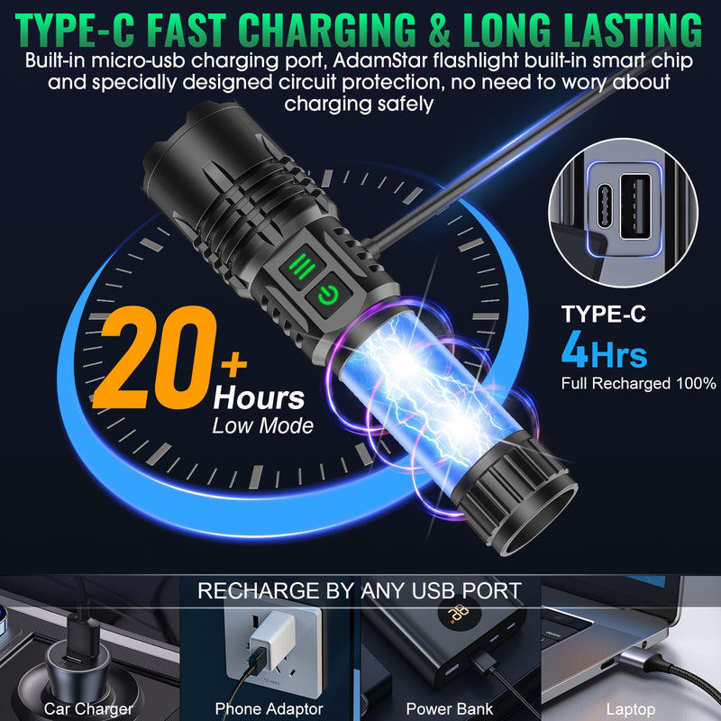 AdamStar UV&High Lumens Flashlight Rechargeable, 2-in-1 Powerful Blacklight LED Flashlight Tactical 6 Modes Super Bright Waterproof Zoomable Detector for Pet Urine Curing Resin Camping 1 Pack