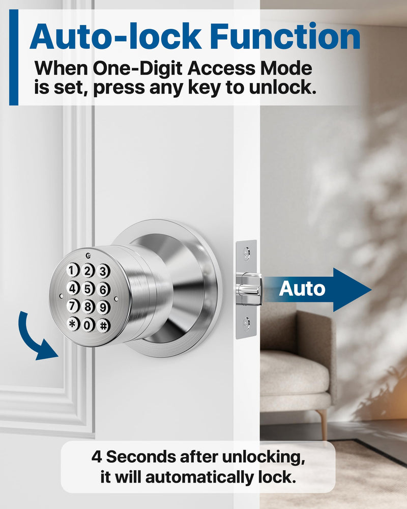 Door Knob with Keypad, Door Lock with Code, Keyless Entry Keypad Door Locks with Handle for Front Door Garage Home Apartment, Satin Chrome 1 Pack