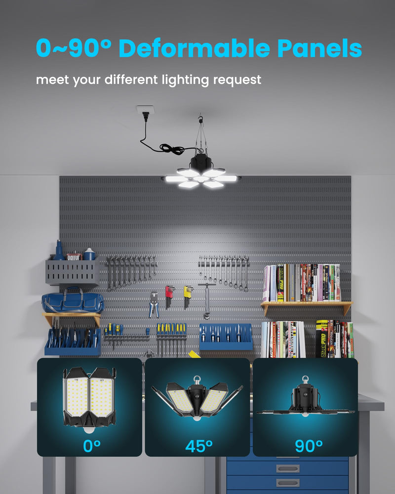 Motion Sensor LED Garage Light 200W Plug in 2Pack, Linkable Garage Ceiling Light Led, Motion Activated Light Indoor Blub - 360° Detection for Workshop/Basement 6+1 Panels Plug-in