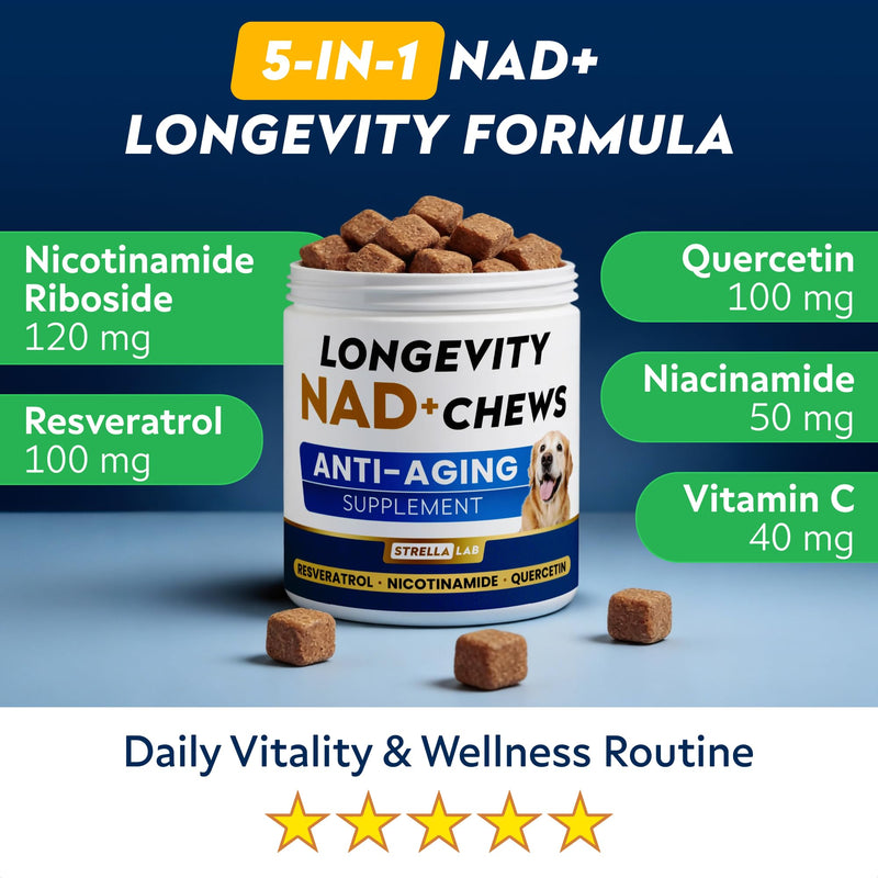 STRELLALAB NMN Supplement | NAD+ Booster for Dogs - Longevity - Quercetin, Resveratrol - Energy Boost for Senior Dogs, Canine Cognitive Supplement for Brain Health - Anti Aging Support Chews - 90Ct Peanut Butter