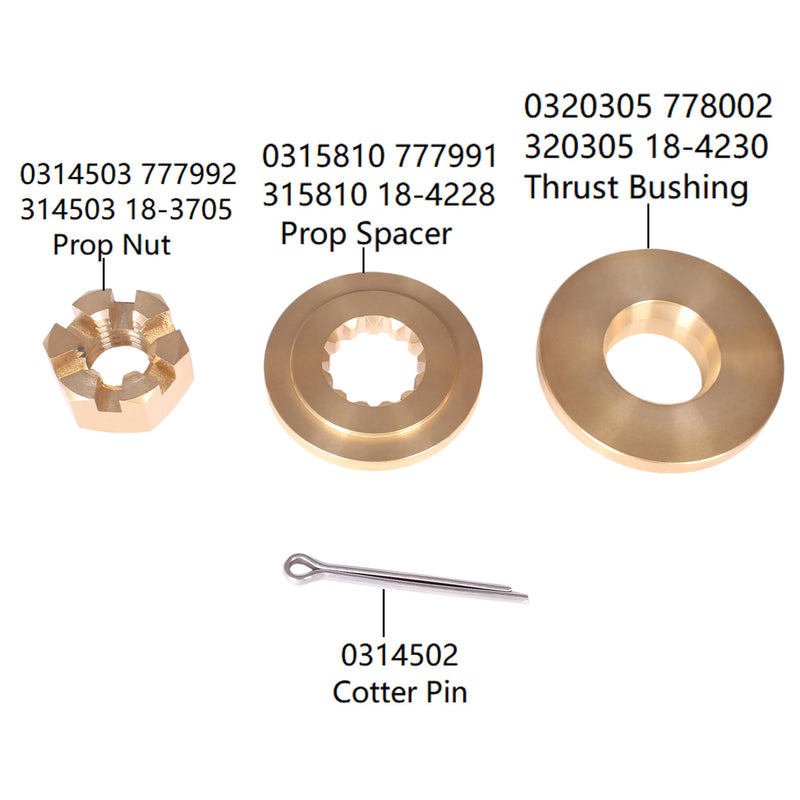 Boat Engine 0320305 778002 18-4230 Thrust Bushing, 0315810 777991 18-4228 Washer Spacer, 0314503 18-3705 Prop Nut, 0314502 Cotter Pin for Evinrude Johnson OMC BRP 35HP-75HP Propeller Hardware Kit
