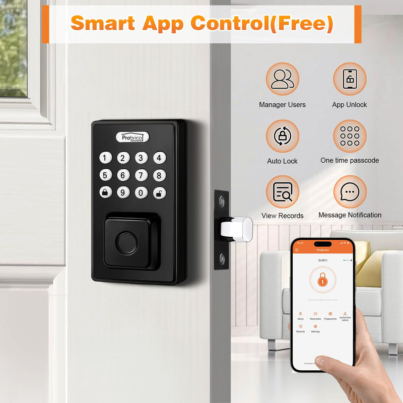 Probrico Smart Fingerprint Door Lock for Front Door, Keyless Entry Door Deadbollt Lock with Digital Keypad Code, Electronic Smart Deadbolt with App Control, Auto Lock, Bluetooth, Black
