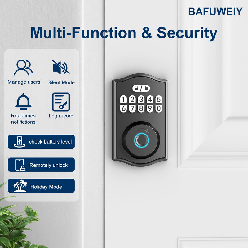 Smart Door Lock - Keyless Entry with Fingerprint/Bluetooth APP Control/Password, Auto Lock, One Time Code, Black