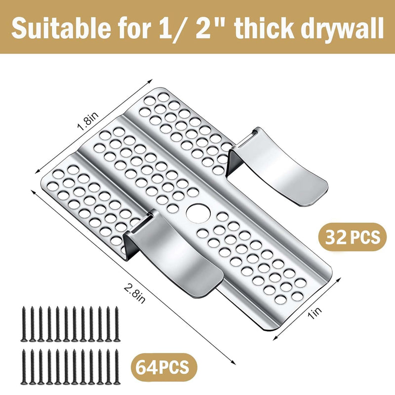 moonoom 32 Pack Drywall Repair Clips, 1/2 inch Drywall Fastener Clip with 64 Screws, Stainless Steel Wall Patch Clips for Damaged Walls Repairing 32 Pcs