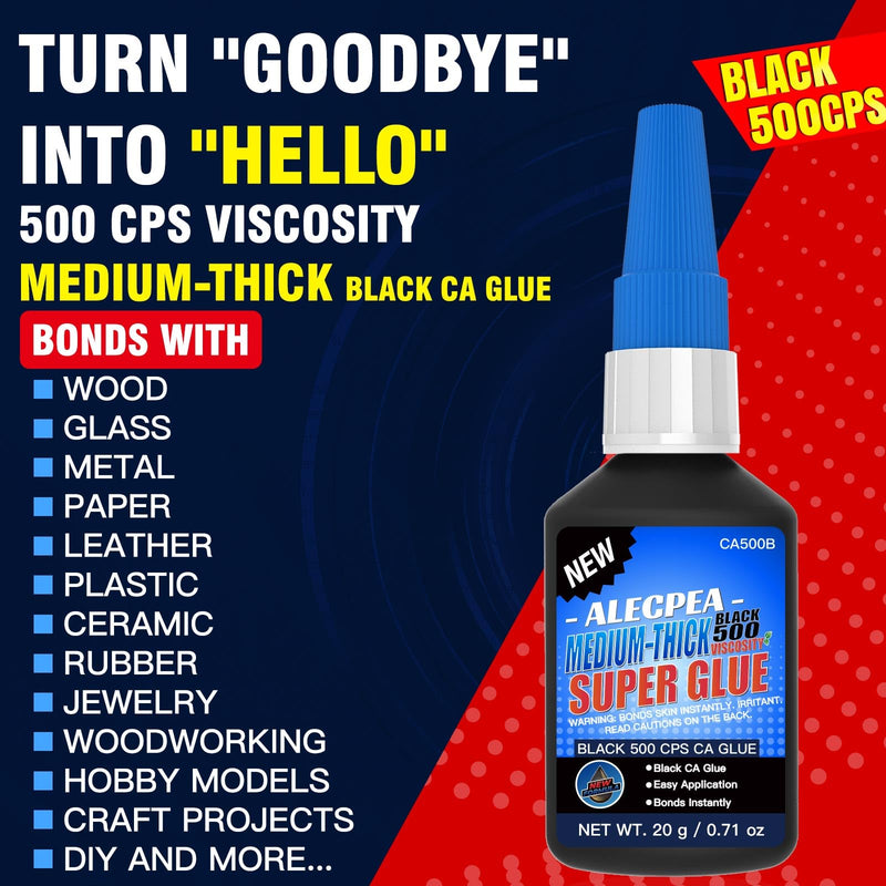 20g Black Medium-Thick CA Glue (500 CPS),Premium Cyanoacrylate Super Glue for Wood, Glass, Metal, Paper, Leather, Plastic, Ceramic, Rubber, Jewelry, Woodworking, Hobby Models, and Craft Project 20g/1Pack Black/500CPS