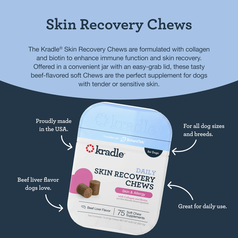 Kradle Daily Skin Recovery Chews - Skin Health Chews & Seasonal Allergy Support for Dogs - Soft Chews with Soothing Ingredients - for All Dog Breed & Sizes - 75 Count Jar - PawsPlanet Australia