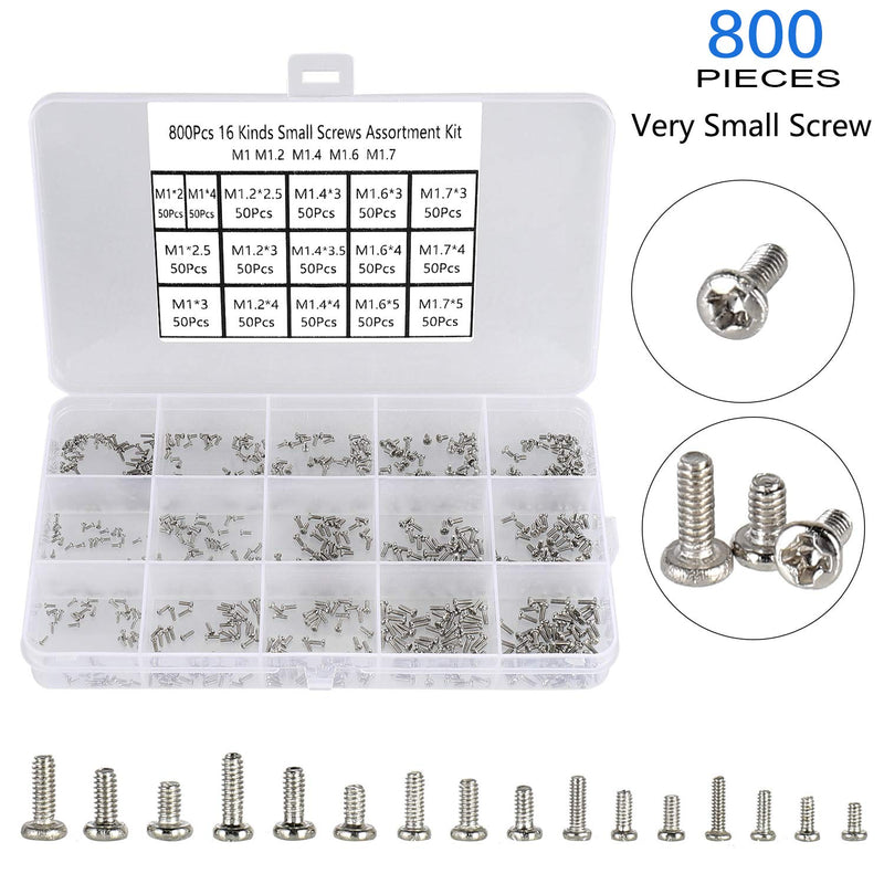 800pcs Tiny Screws for Electronics, M1/M1.2/M1.4/M1.6/M1.7 Very Small Phillips Pan Head Machine Screws, Micro screws, Mini Screws Assortment Kit for Electronic Repair,Nickel-Plated Carbon Steel