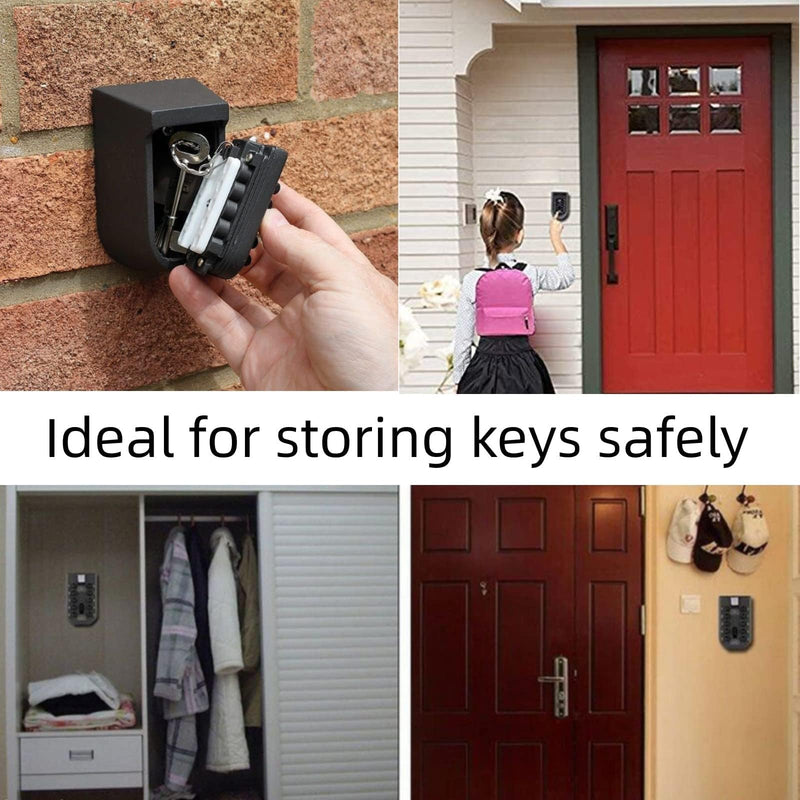 Indoor & Outdoor Key Lock Box Wall Mounted Push Button Combination Key Safe Storage Security Lock Box with Black Rubber Cover & Wall Bolt Fixings for 5 to 7 Mortise Style Keys