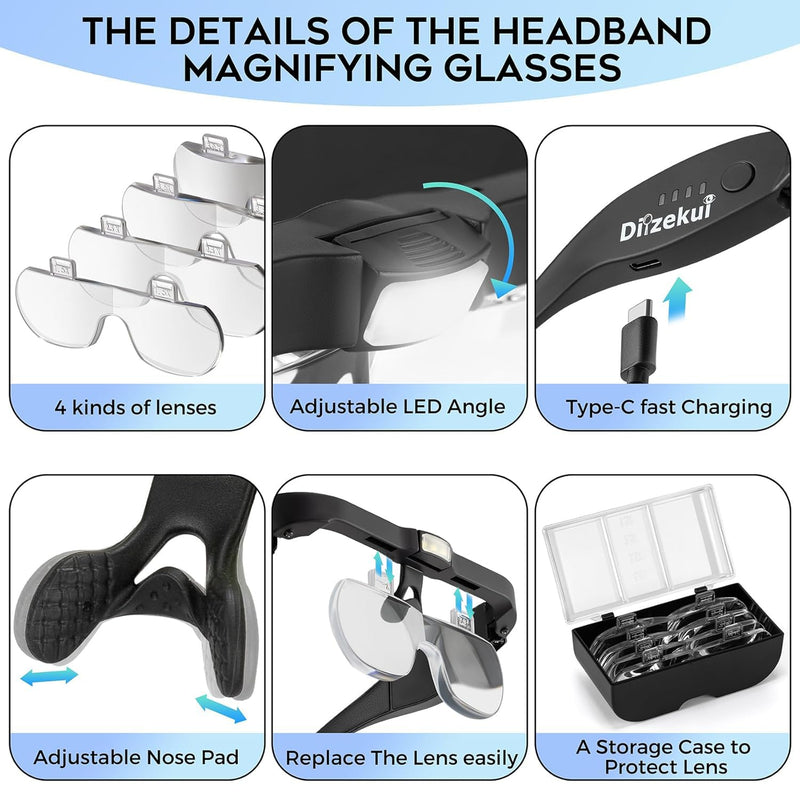 Magnifying Glass with Light 1.5X to 5.0X, Rechargeable Magnifying Glasses Head Magnifier, Lighted Magnify Glass with 4 Detachable Lenses, Magnifier Headset for Close Work Hobbies Jewelry Black