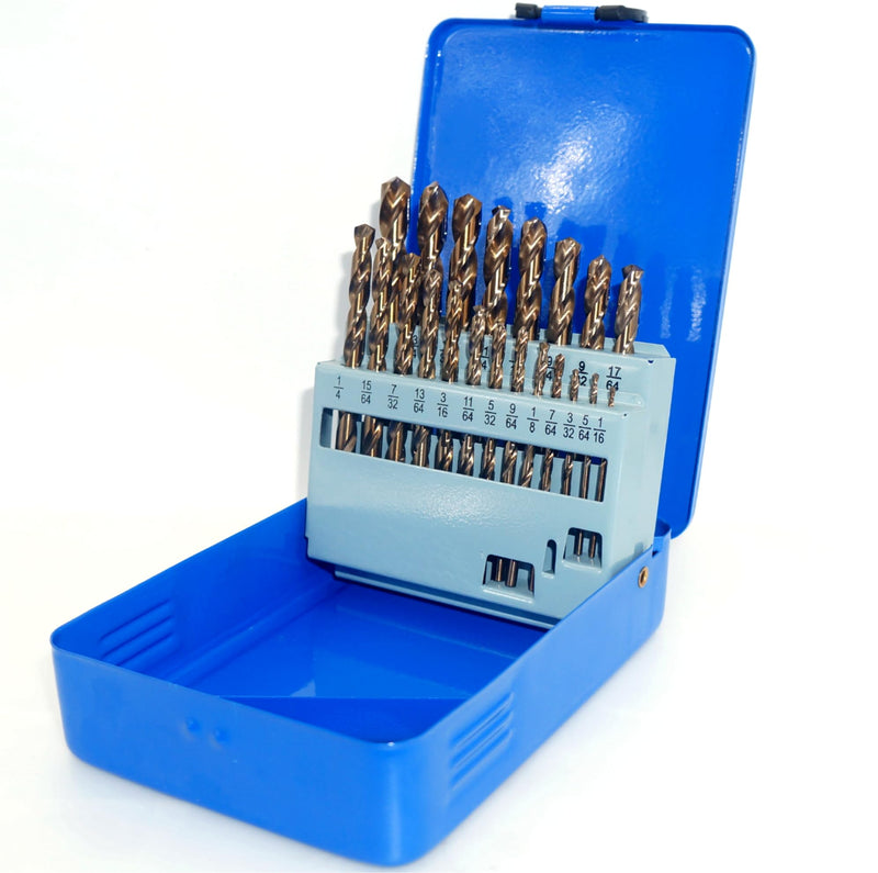 21-Piece Cobalt Drill Bit Set, 1/16''-3/8'' Straight Shank, 135-Degree Cutting Angle, Metal Storage Box with Size Identification (21pcs) 21pcs