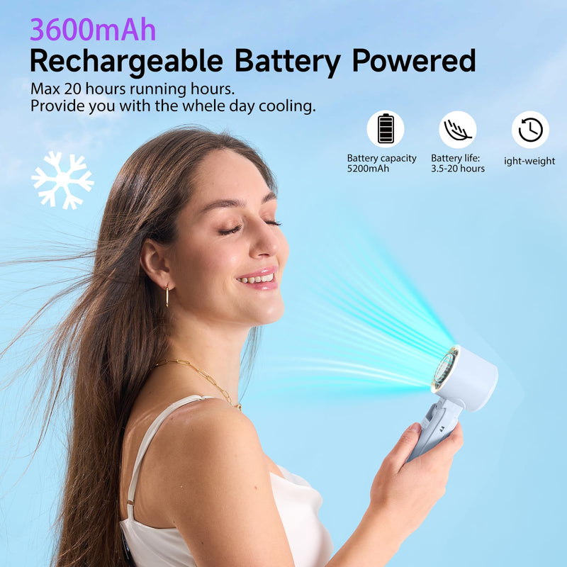 Portable Handheld Fan with Ice Cooler – 13000RPM Turbo Fans, 3-in-1 Rechargeable Mini Personal Fan, 100 Adjustable Speeds, 3600mAh Battery, for Travel, Outdoor, Office, and Personal Use Light blue