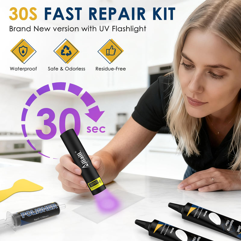 Quartz Countertop Repair Kit, Fiberglass Tub & Tile Repair Kit with 4x15g White Filler, 30s Fast Repair Chip, Hole, Scratch, Crack on Porcelain, Granite, Marble, Ceramic Tile, Bath Tub, Sink