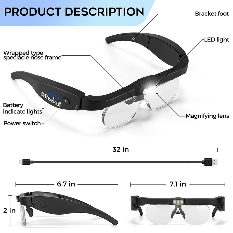 Magnifying Glass with Light 1.5X to 5.0X, Rechargeable Magnifying Glasses Head Magnifier, Lighted Magnify Glass with 4 Detachable Lenses, Magnifier Headset for Close Work Hobbies Jewelry Black