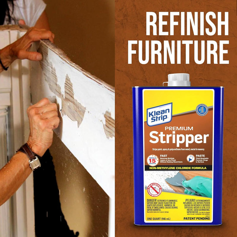Paint & Varnish Remover Klean Strip Premium Stripper– Fast-Acting Stripper for Epoxy, Polyurethane, Wood, Metal & Masonry – Includes Protective Omni Depot Gloves – 1 QT