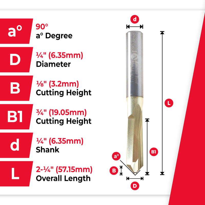 Amana Tool CNC Solid Carbide Zero-Point V-Groove and Engraving Router Bit, ZrN Coated, 45612, 90 Degree, 1/4 Dia x 3/4 CH x 1/4 Inch Shank