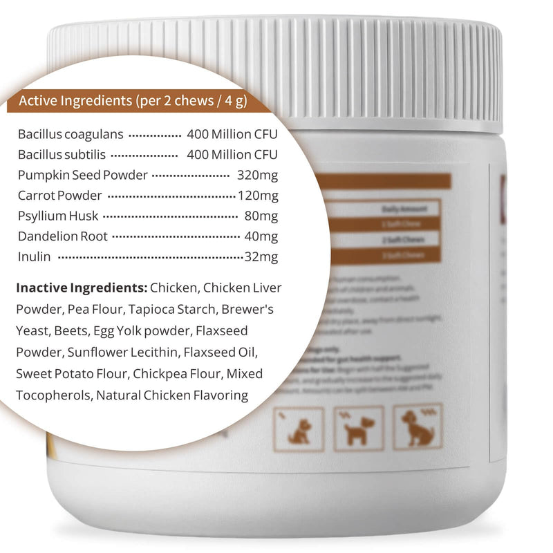 Anal Gland Supplement for Dogs, 800M CFU Probiotics & Fiber Soft Chews with Pumpkin Seed, Psyllium Husk & Inulin for Stool Consistency, Daily Digestive Health Support, Chicken Flavor, 90 Ct
