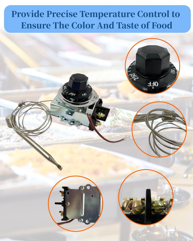 Thermostat Fit for Steam Table, Buffet Table Temperature Control, 30A RES 125-277VAC, Temp Range 60-250°F Temp Controller with 3/8" X 4-1/2" Bulb