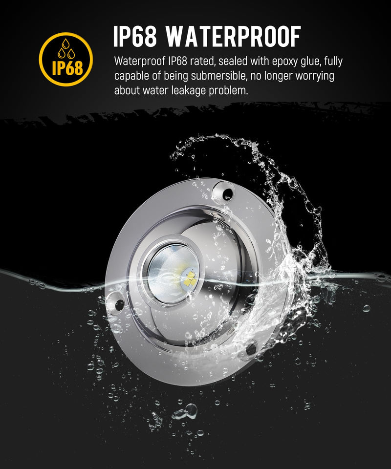 Partsam 1Pcs High-intensity White LED Underwater Light for Marine Boat Yacht Sailboat Pontoons, Submersible Pool Lights, IP68 Waterproof, Stainess Steel Housing, Glass Lens, Surface Mount,10V-30V