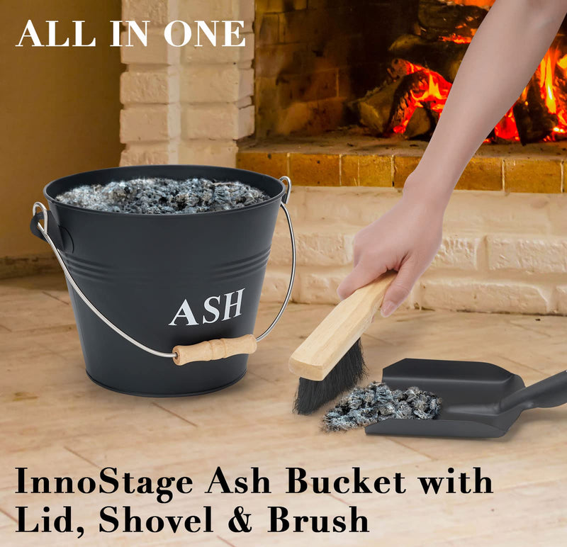 INNO STAGE Mini Metal Ash Bucket with Lid, Shovel and Broom, 1.5 Gallon