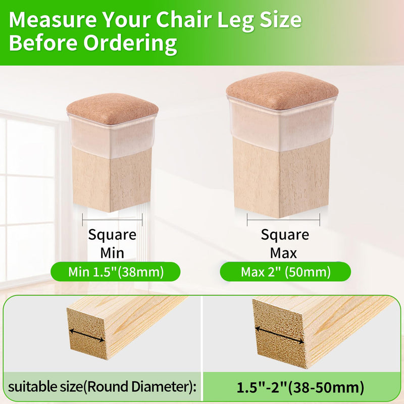 16PCS Extra Large Chair Leg Floor Protectors, Felt Furniture Pads for Hardwood Floors, Square Clear Sofa Bed Dining Table Chair Leg Covers to Protect Floors and Prevent Scratches & Noise(Fit:1.5"-2") XL-16PCS-(Fit:1.5-2 inch)-Clear
