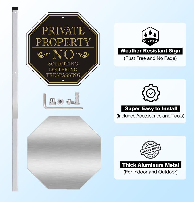 No Soliciting Sign for House, Large Private Property No Trespassing Sign, 10 x 10 Inches No Loitering Aluminum Metal Signs with 28 Inches Long Stakes for Outdoor Yard (BLACK/GOLD) BLACK / GOLD