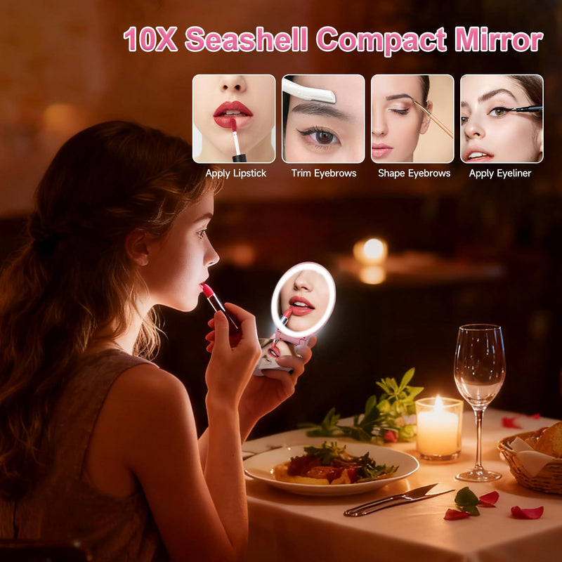 Compact Makeup Mirror with Lights - 3.5" Portable, 2-Sided, Lightweight & Shatterproof, Folding Magnifying Mirror 2X/10X, Small Gift for Women Pink