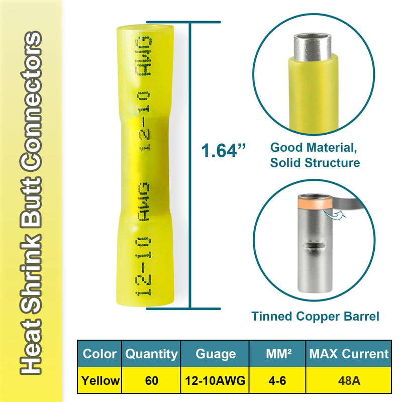 60PCS Heat Shrink Butt Connectors, Insulated Waterproof Butt Connectors 12-10 AWG, Tinned Copper Butt Connectors for Wiring, Marine, Automotive (Yellow) 12-10AWG - NewNest Australia