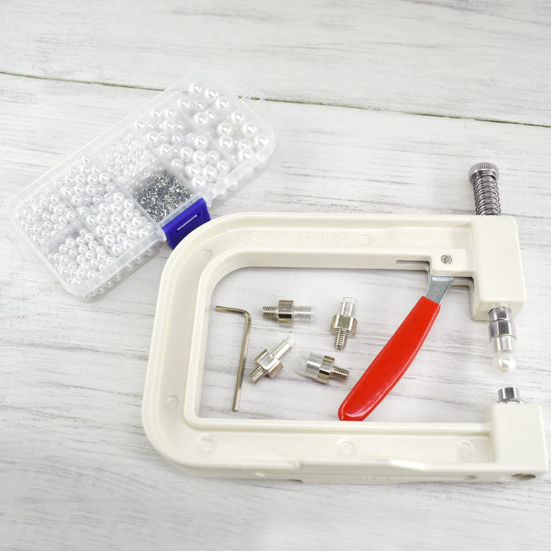 SHRJ Pearl Handmade Setting Machine with White Pearl Beads Rivet Studs and Tools Hand Press Machine for Decorating Clothes, Dresses, Bag, Hair Band DIY Crafts