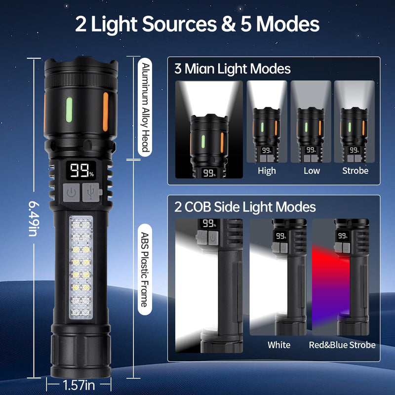 Rechargeable Flashlights High Lumens 900,000L (2 Packs), 5 Modes Super Bright Led Handheld Flash Light Battery Powered with COB Side Light, USB C Charging, Power Display, Waterproof, Zoomable Beam M - 2 Pack