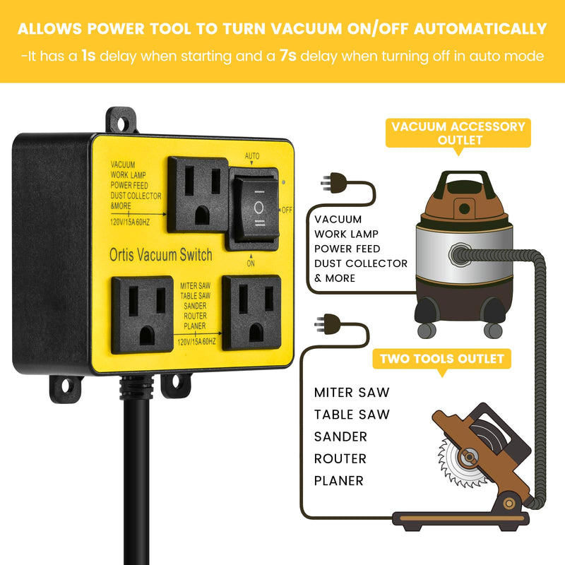 Automatic Vacuum Switch, Ortis Vacuum Switch for More Power Tools, Delay Vacuum On/Off to Prevent Circuit Overload and Tripping, Keep Your Workplace Cleaner, Better for Your Lung Yellow
