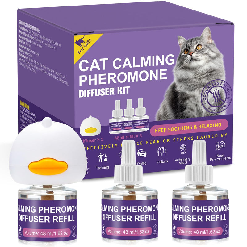 Cat Pheromone Calming Diffuser Starter Kit, 1 Plug-in Diffuser & 3 Refills (48ml Each), Up to 90 Days Supply, Helps Reduce Scratching, Urine Marking & Stress, for Multi-Cat Homes & New Environments