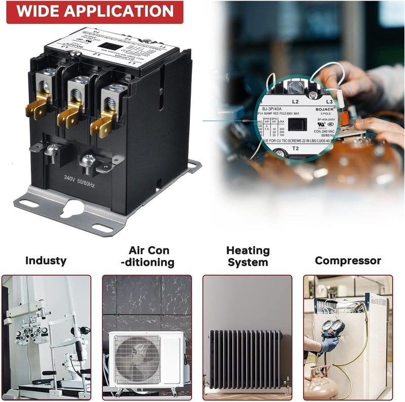 BOJACK 3 Poles FLA 40 Amp Coil 240 VAC Air Conditioner Condenser Compressor Contactor AC Definite Purpose Contactor 240V 3P 40A 240V