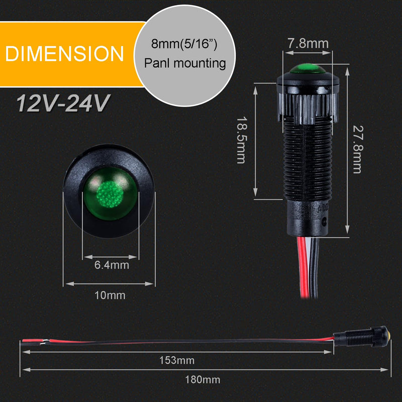 5pcs 8mm LED Indicator Light Plastic Black Signal Dot Lamp 12V-24V 5/16" Mounting Hole Size with 15cm/5.9in. Wire (Green LED) Green 8mm 12-24V
