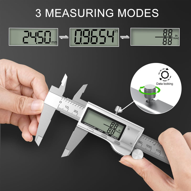 Digital Calipers, Caliper Measuring Tool with Large LCD Screen, Stainless Steel Micrometer Caliper Digital, Auto-Off Feature, Screen Splash Proof, Switch from Inch Metric Fraction (6Inch/150mm) Silver