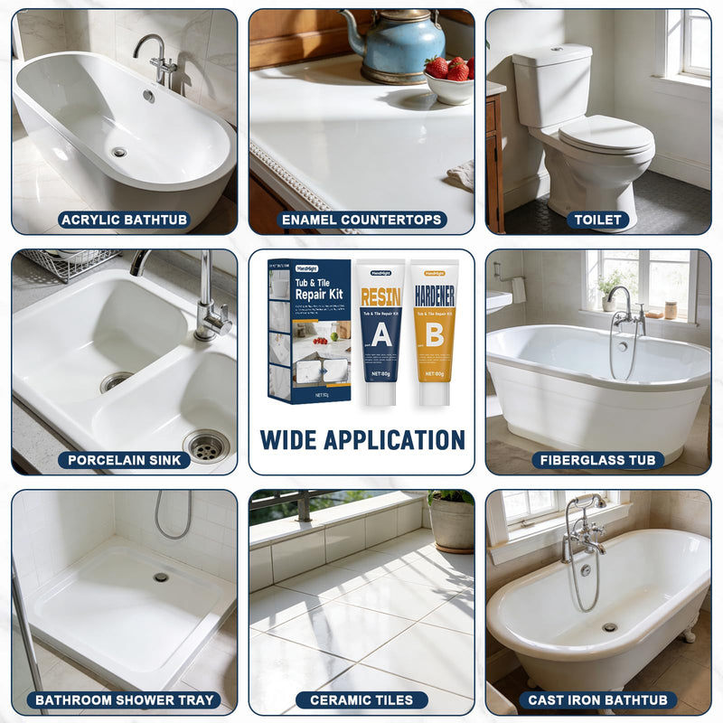 Tile & Bathtub Repair Kit (Color Match, 6-Color, 80g x 2, Total 160g), Porcelain Ceramic, Fixes Chips Dents Cracks Scratches for Marble Acrylic Fiberglass Granite Countertops & Bath Surfaces White