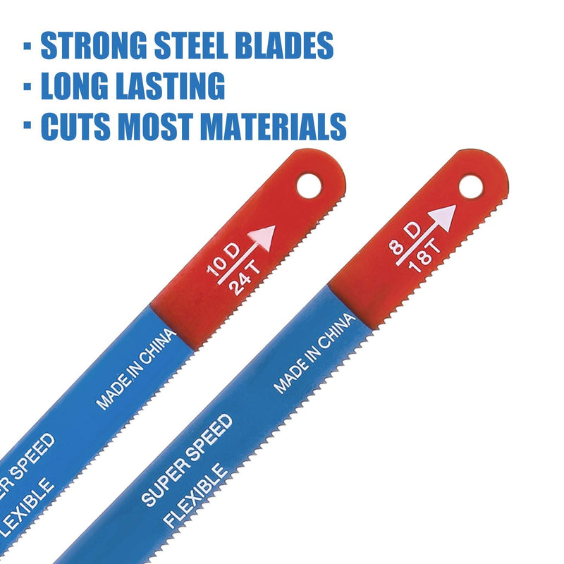 20 Pieces Hacksaw Replacement Blades Metal Cutting Hacksaw Blades with 18 Teeth and 24 Teeth Per Inch Blue Background with Supper Speed Letter