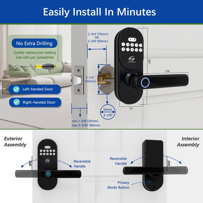 Smart Deadbolt with Handle, Fingerprint Door Lock, Keyless Entry with Keypad & APP Control, IP65 Weatherproof for Front Door, Bedroom, Office