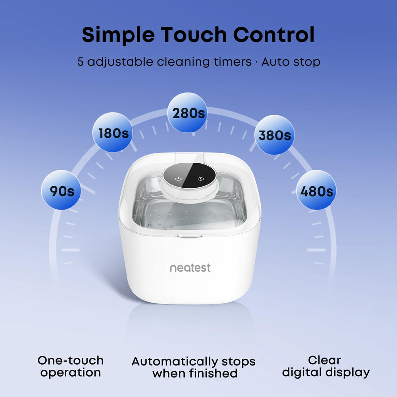 NEATEST Ultrasonic Retainer Cleaner Machine, 45kHz Ultrasonic Denture Cleaner, 350ML Stainless Steel Dental Cleaning Pod, 5 Timer Modes for Retainers, Aligners, Mouth Guards, Braces, Night Guards