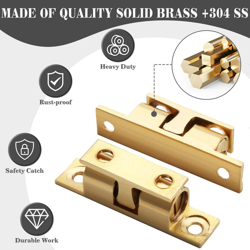 Alise Double Roller Catch Cabinet Latches,Adjustable Double Ball Tension Roller Catch Latch Brass Cabinet Door Latch,67mm Solid Brass Cabinet Latches and Catches,Pack of 4 67mmX40mm Gold