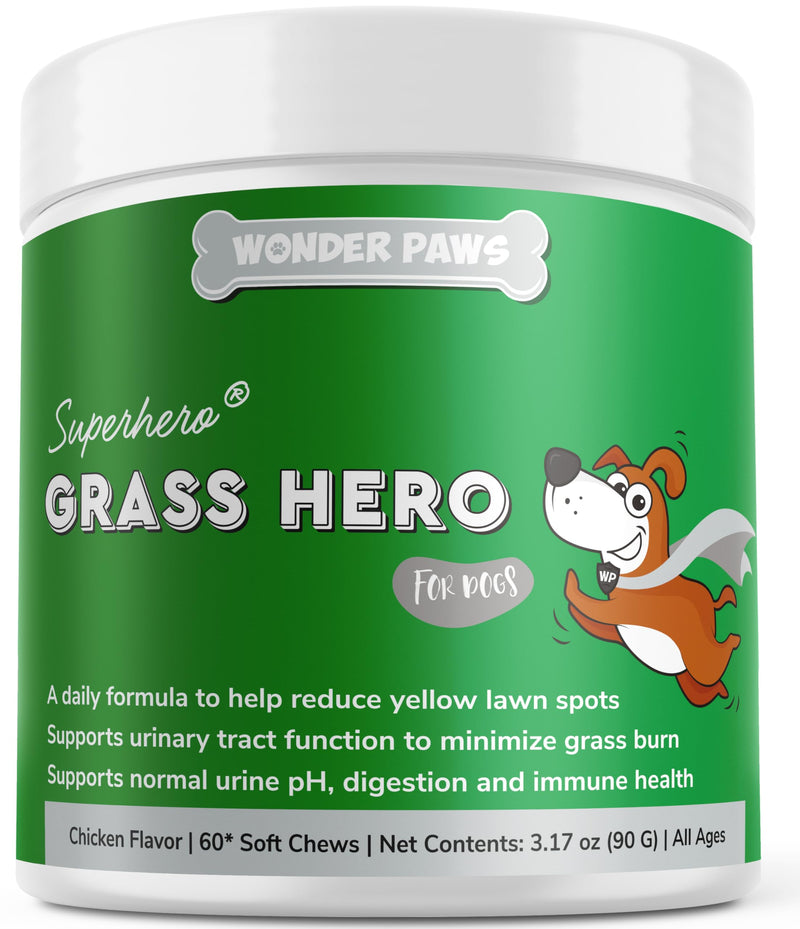 Wonder Paws Grass Hero, Grass Burn Spot Chews – Neutralizes Urine to Prevent Yellow Lawn Spots – Dog Pee Lawn Saver, Spot Treatment & Urinary Health – Cranberry & Methionine – 60 Soft Chews