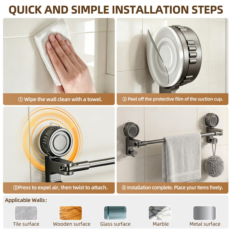 Adjustable Suction Cup Towel Bar for Bathroom Wall, 20-34" Extendable Carbon Steel Towel Racks, Space Saving Grey Bath Towel Holder with Hooks, No-Drill Mounted (20-34IN, 1-Tier) 20-34IN