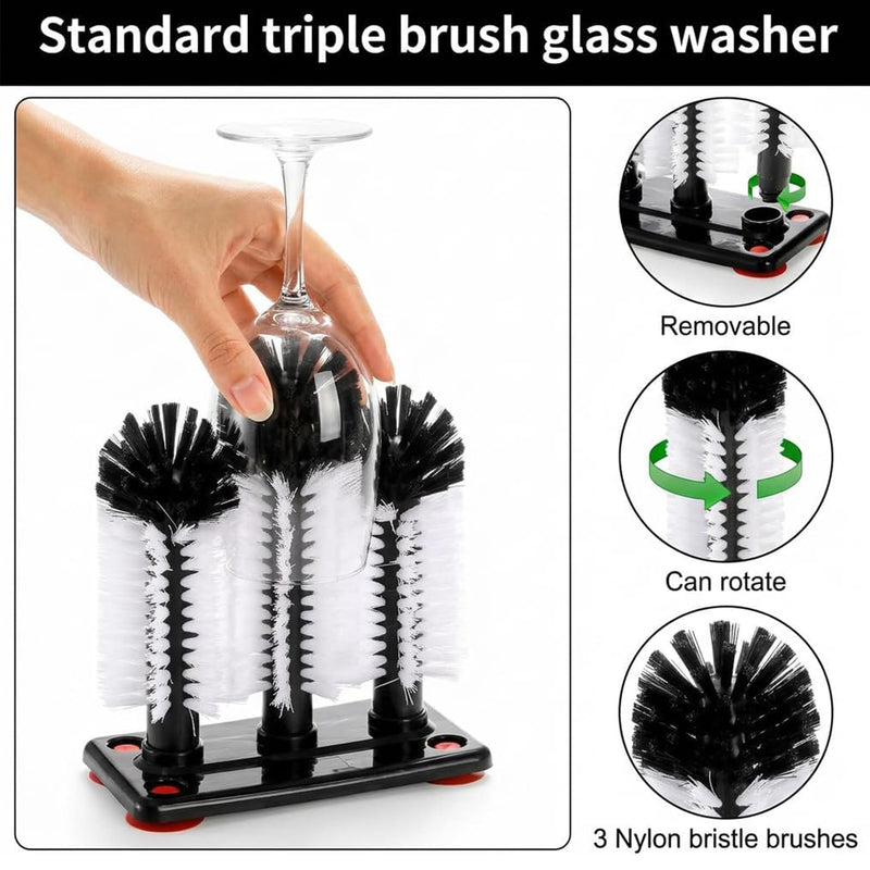 360°Glass cup cleaning brush,Water Bottle Cleaning Glass Washer Cup Sink Washer Brush with Suction Base Bristle Brushfor Sink,3Head Flexible Bristles Double Sided Glass cup cleaning brush(Black+White)