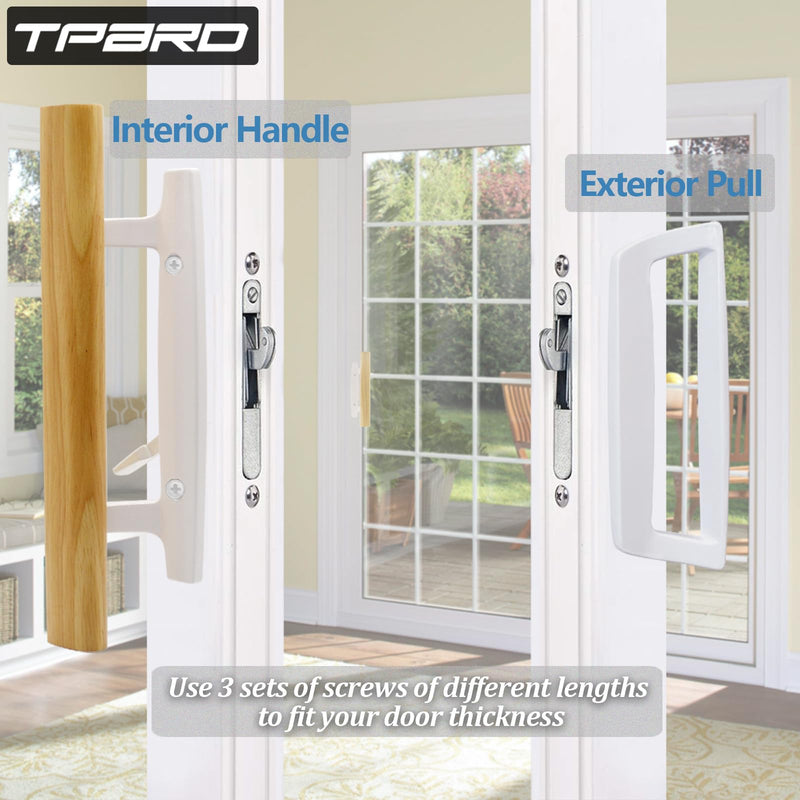 Sliding Glass Patio Door Handle Replacement Set with Oak Wood Inside Handles and Zinc Diecast Outside Pull, 3-15/16" Hole Spacing, Non-Handed, White White Handles Only