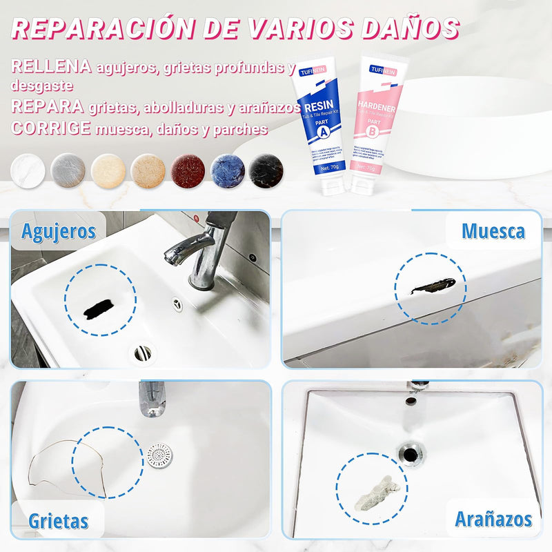 Bathtub Repair Kit 4.94oz (Color Match), TUFINEIN Porcelain Repair Kit for Fiberglass, Enamel, Ceramic, Acrylic Repair and Fix Chips, Cracks, Scratches, Holes on Tub/Tile/Sink/Shower Tray/Shower