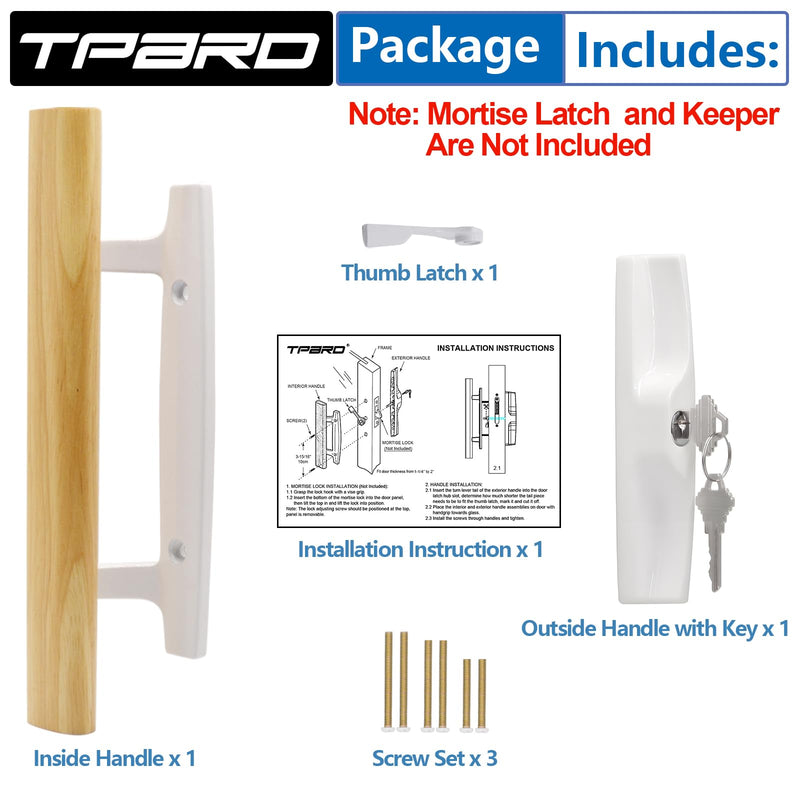 Sliding Glass Patio Door Handle Set with Key Cylinder, Fit for 45° Mortise Latch Lock Not Included, Oak Wood Inside Handles and Zinc Diecast Outside Pull, 3-15/16" Hole Spacing, White