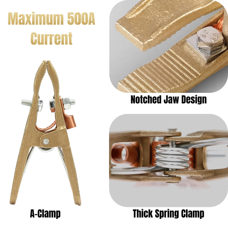 500A Ground Clamp for Welding Machine, Brass A-Shape Earth Grounding Clamp with Copper Grip Clip, Welder Ground Cable Connection Tool