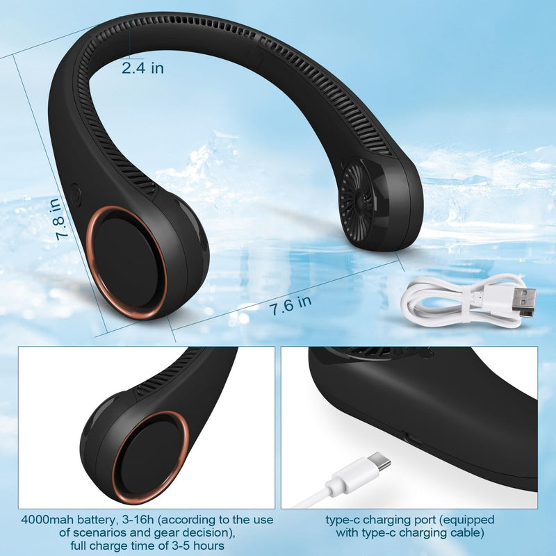 CIVPOWER Neck Fan: Portable Personal Neck Cooling Rechargeable Bladeless Fan - Hands Free 3 Speed 4000 mAh Battery USB Operated Wearable Headphone Design - Gift for Men Women Outdoor (Black) Black