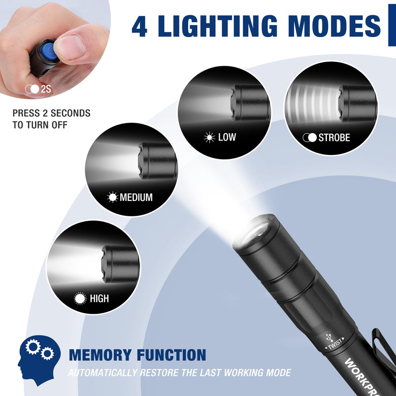 WORKPRO Rechargeable Pen Light, Mini Flashlight, 2 Pack Ultra-Compact EDC Flashlight, Pocket Flashlight with Clip, Memory Function and 2 x USB C Cable Included, Black