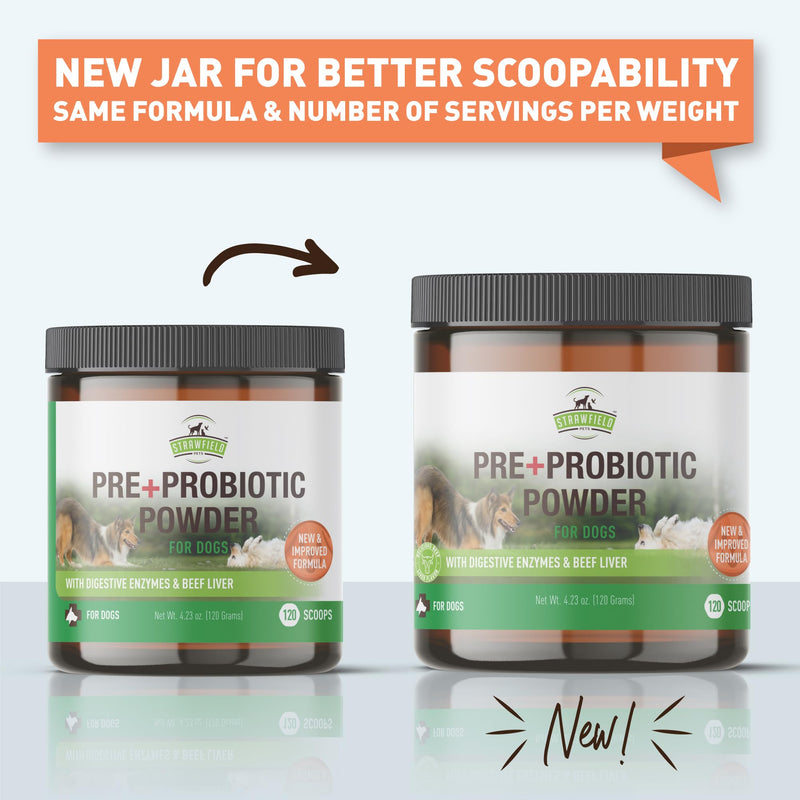 Strawfield Pets Pre + Probiotic Powder for Dogs with Digestive Enzymes Dog Probiotics for Yeast, Itchy Skin and Itchy Ears Natural Beef Liver Flavor 120 Scoops